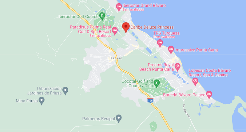 Localização do All Inclusive Caribe Deluxe Princess em Punta Cana